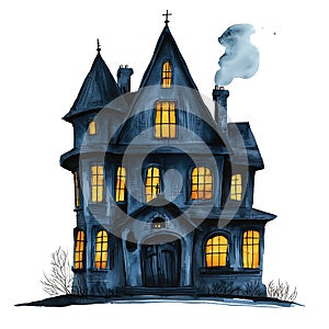 Enigmatic Haunted House at Night Watercolor Illustration photo