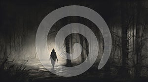 Enigmatic Man Walking Through Dark Forest: Digital Painting