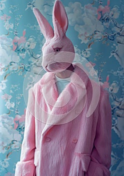 Enigmatic Model in Pale Pink Bunny Mask and Dusty Rose Coat Under Surreal Cloudscape