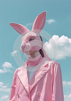 Enigmatic Model in Pale Pink Bunny Mask and Dusty Rose Coat Under Surreal Cloudscape