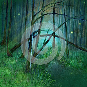 Enigmatic Mysterious Enchanted Forest. Fireflies and Magic Light in a Fairy-tale World.