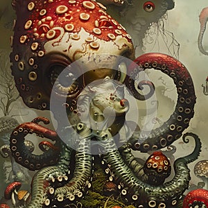 Enigmatic octopus with psychedelic mushroom cap, a surreal art representation. AI-generated fantasy creature, perfect