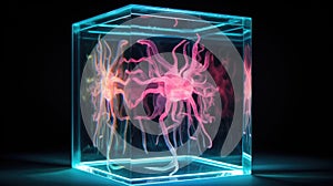 Enigmatic organism captured in a clear cube, emitting an ethereal glow. Unravel the mystery within, Ai Generated