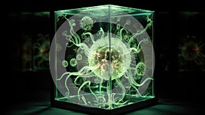 Enigmatic organism captured in a clear cube, emitting an ethereal glow. Unravel the mystery within, Ai Generated