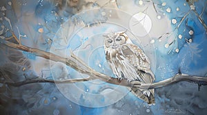 Enigmatic owl in moonlit forest branch with blue tones