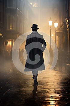 Enigmatic Passage: Through the fog-laden streets, a mysterious man garbed in a black