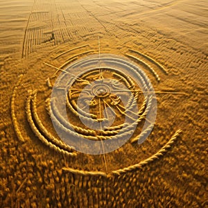 Enigmatic Patterns: Aerial View of Crop Circle Amidst Golden Wheat Field