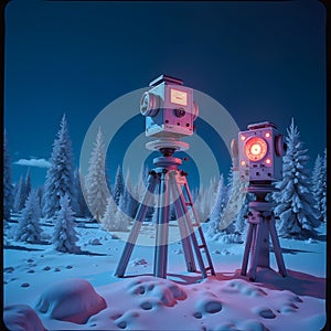Enigmatic Scientific Instruments in Snowy Field Vintage-Inspired Photo for photo