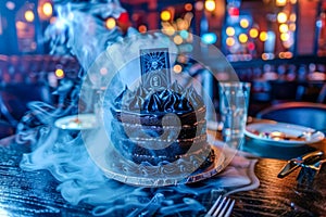 Enigmatic Smoky Black Birthday Cake on a Table in a Vibrant Evening Party Atmosphere with Blurred Background