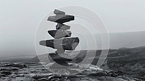 An enigmatic stack of dark rocks balanced with precision in a tranquil, monochromatic landscape.