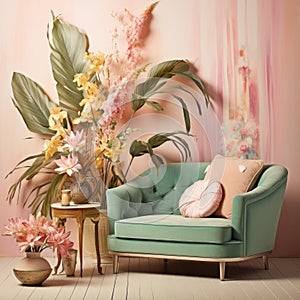 Enigmatic Tropics: A Dreamy And Romantic Pink Couch With Floral Mural