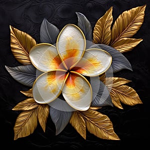 Enigmatic Tropics: Gold And White Flower On Black Artwork