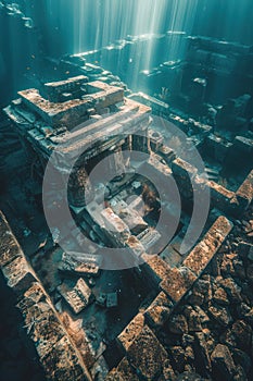 Enigmatic underwater ruins discovered at the bottom of the ocean, showcasing ancient architecture and mysterious stone structures photo