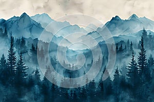 Enigmatic Watercolor Mountainscape with Textured Blues and Greens. Concept Watercolor Painting,