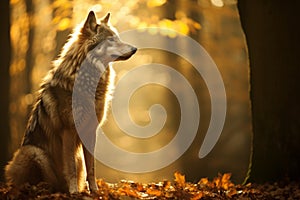 Enigmatic wolf silhouette in misty autumn forest, showcasing wildlife encounter in nature