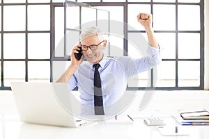 Enior businessman making a call while working on his notebook in the office