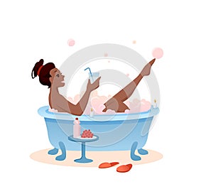 Enjoy bath time concept flat vector illustration, cCartoon young african woman character enjoying soap bubbles at