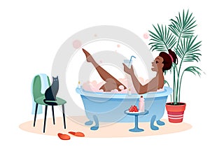 Enjoy bath time flat vector illustration, cartoon african woman character enjoying bubble foam bath, drinking cocktail