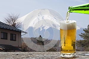 Enjoy beer with landscape of Mt.Fuji, Japan.