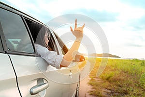 Enjoy Car travel of woman friends group driving with sunglasses journey