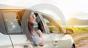 Enjoy Car travel of woman friends group driving with sunglasses journey