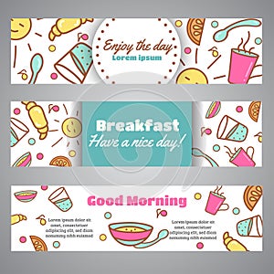 Enjoy the Day slogan. Good Morning text. Cafe, bakery concept business card. Coffeee and tea vector design Line icons