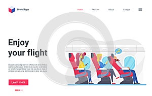 Enjoy flight concept, aircraft travel landing page, passengers sitting in plane near window