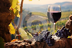 Enjoy a glass of wine with some fresh grapes as you unwind outdoors, placed on a serene rock, A glass of rich red wine with grapes