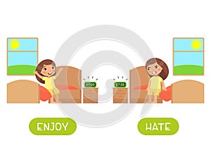 Enjoy and hate antonyms word card vector template. Opposites concept.