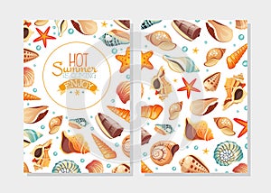 Enjoy Hot Summer Card Template with Seashells, Design Element Can Be Used for Menu, Packaging, Flyer, Certificate Vector