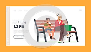 Enjoy Life Landing Page Template. Little Boy and Grandmother Eating Ice Cream. Happy Characters Granny and Grandson