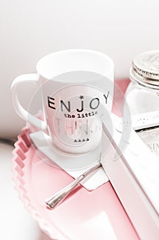 Enjoy Little Things Tea Mug and Set on Pink Tray