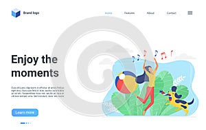 Enjoy moment landing page, happy girl jumping with funny pet friend, enjoying life