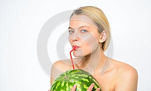 Enjoy natural juice. Girl thirsty attractive nude drink fresh juice whole watermelon cocktail straw white background