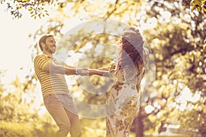 Enjoy at nature. Happy couple at spring season.