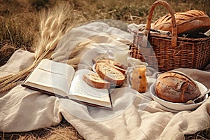 Enjoy a peaceful moment with a basket of bread, a glass of milk, and a book on a cozy blanket., Fresh organic berries in a basket