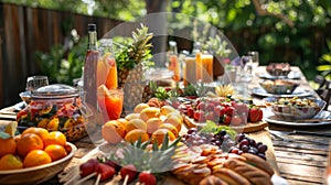 summer picnic setup, enjoy a scrumptious summer spread featuring fresh fruit and cool beverages, ideal for a sunny photo
