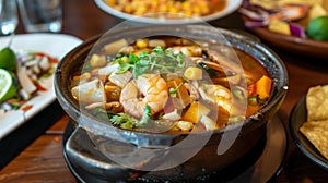 Enjoy a seafood twist on traditional pozole with shrimp, fish, and a light broth, Ai Generated