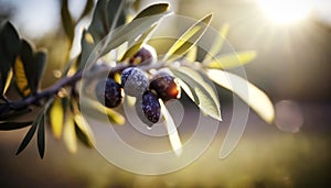 Italian Summer Delight, Ripe Olives on the Tree. Generative AI