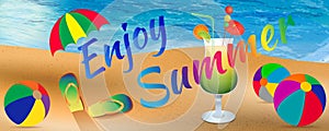 Enjoy summer background with elements of beach, ocean, beach balls, slippers, umbrella and cocktail glass