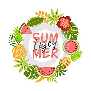 Enjoy summer Cute summer banner with tropical fruits flowers palm leaves. Decorative fruit wreath Vector element