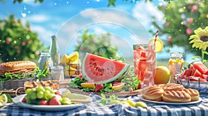 enjoy a summer feast featuring watermelon, sandwiches, salads, and lemonade on a picnic table, perfect for outdoor