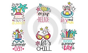 Enjoy Summer Logo Templates Collection, Lets Have Fun and Chill, Aloha Summer Day Cute Colorful Labels Vector