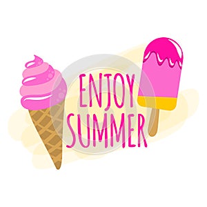 Enjoy summer - strawberry ice cream cone on white background