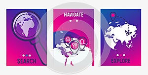 Enjoy tour, explore world vector illustration of flat design web card travel banners set with world map sphere. Navigate