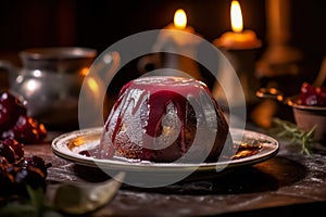 Enjoy the traditional goodness of plum pudding, artfully served on a wooden table.