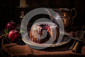 Enjoy the traditional goodness of plum pudding, artfully served on a wooden table.