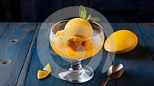 A scoop of mango sorbet with fresh mango slices in a tropical-themed bowl photo