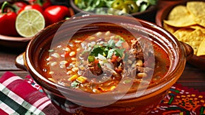 Enjoy a warm bowl of traditional Mexican pozole with pork and hominy, Ai Generated