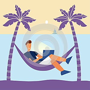 Enjoy work from home and outdoor, dream work, tropical vacation with a laptop. Always in touch. Man in a hammock on the